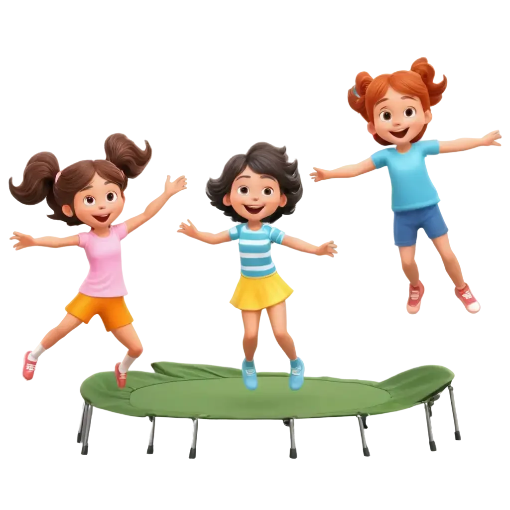 Energetic Kids Bouncing Together on a Trampoline Cartoon Clipart Scene