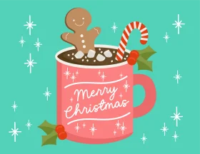 Festive Christmas Hot Cocoa Clipart with Gingerbread Man and Candy Cane