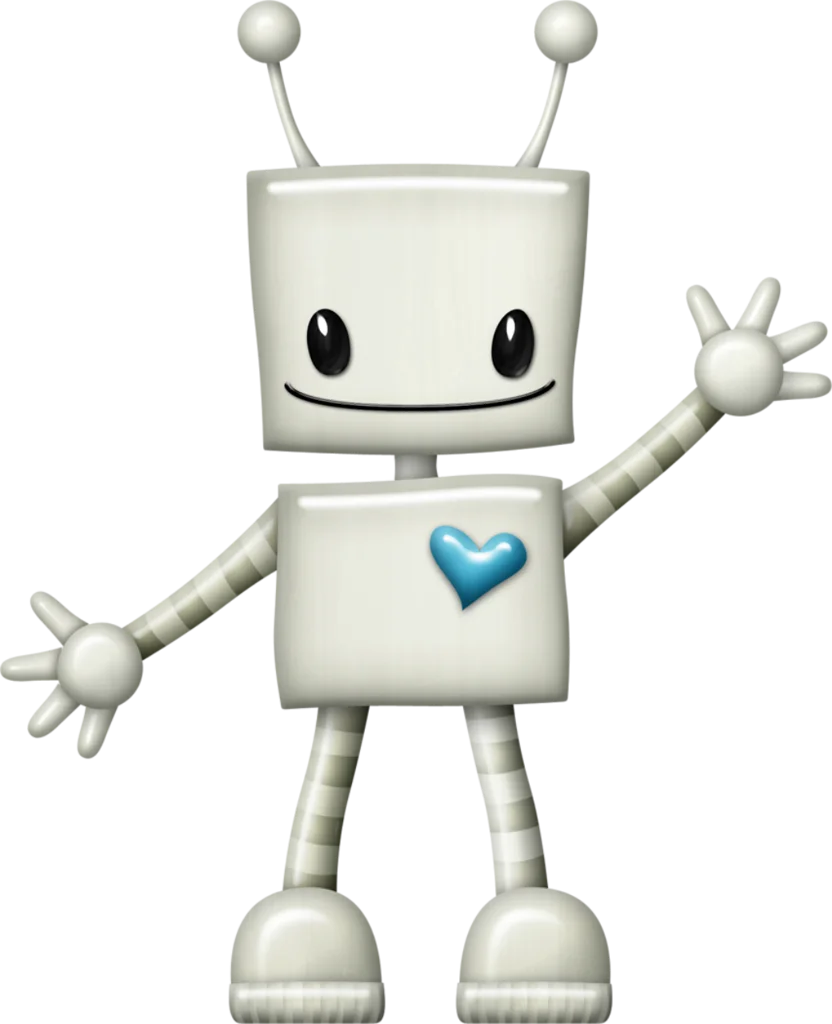 Friendly Cartoon Robot Clipart with Cute Blue Heart Design Waving Hello