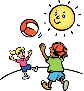Playful Kids Enjoying Outdoor Ball Game Under Cheerful Sunshine Clipart