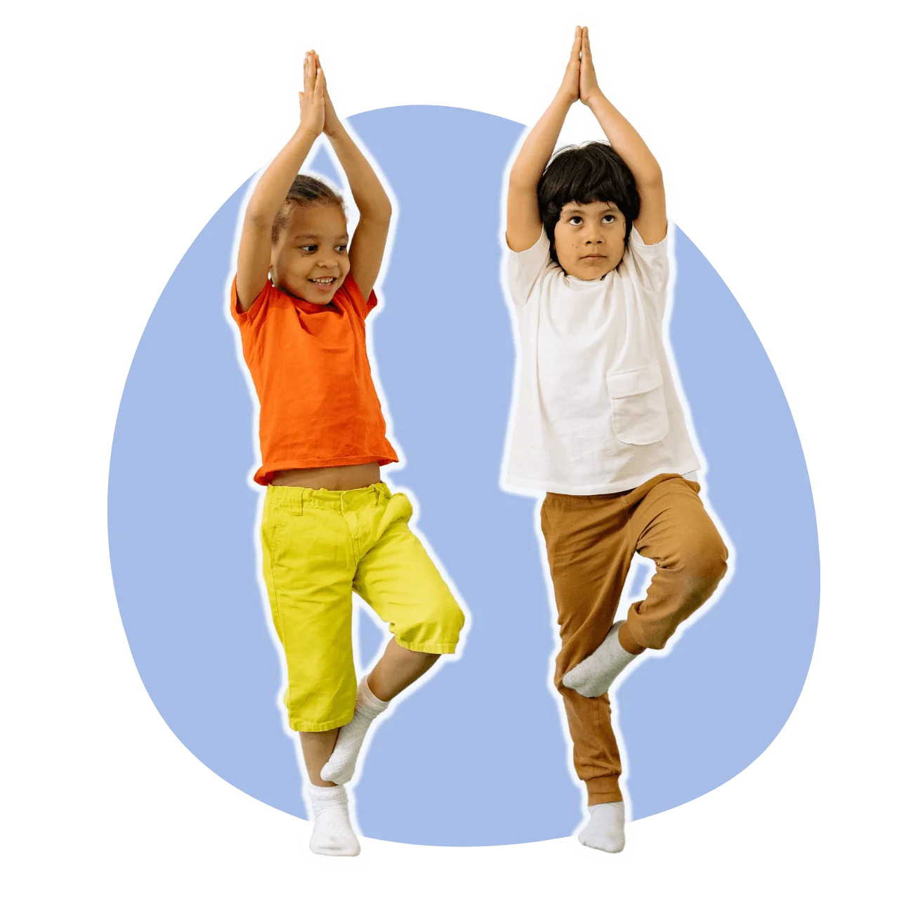 Two Children Practicing Yoga Balance Pose in Cheerful Clipart Illustration
