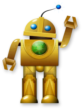 Whimsical Golden Robot Clipart with Emerald Core and Blue Accents