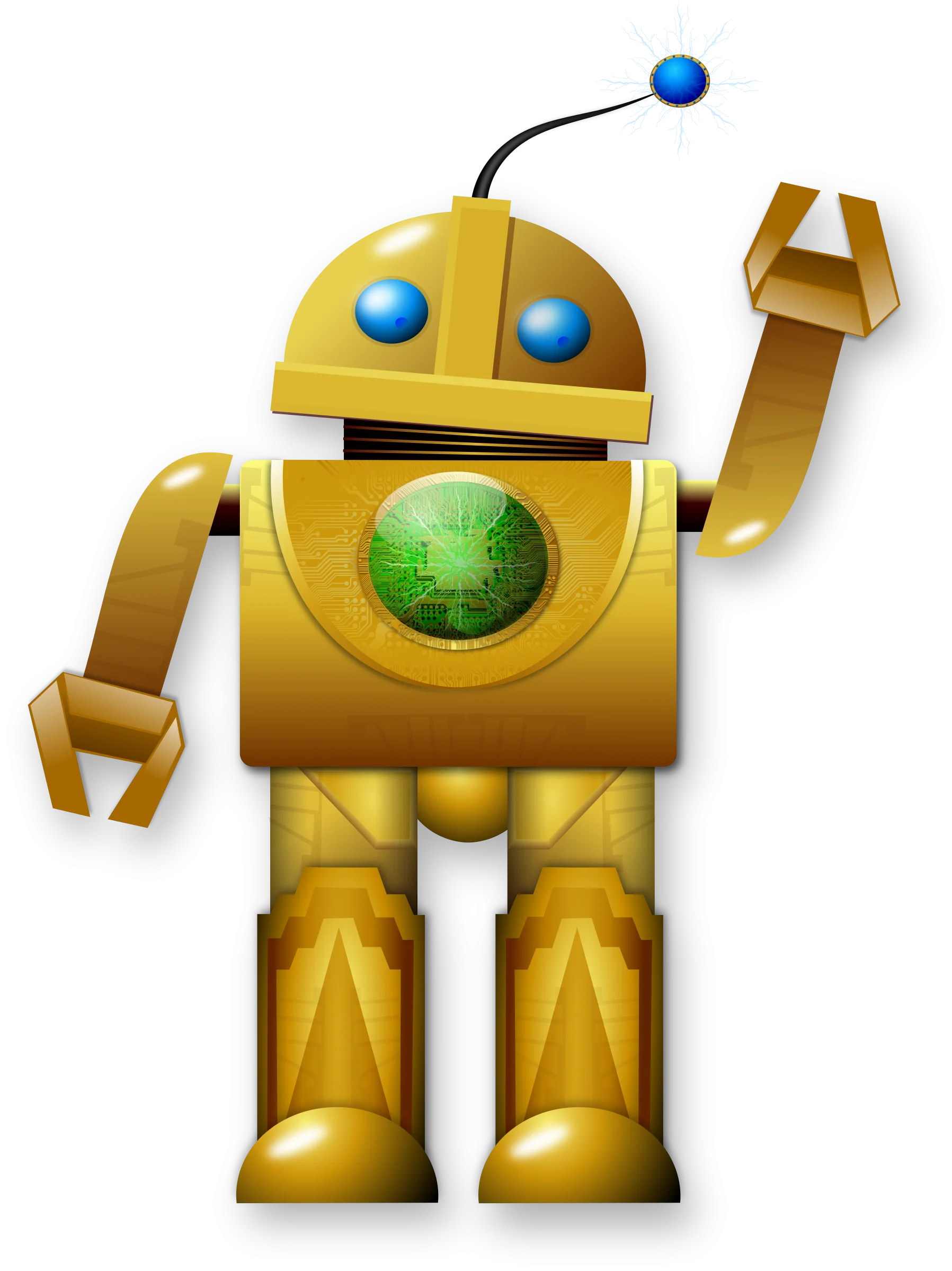 Whimsical Golden Robot Clipart with Emerald Core and Blue Accents
