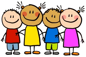 Cheerful Friendship Clipart: Diverse Stick Figure Children Standing Together