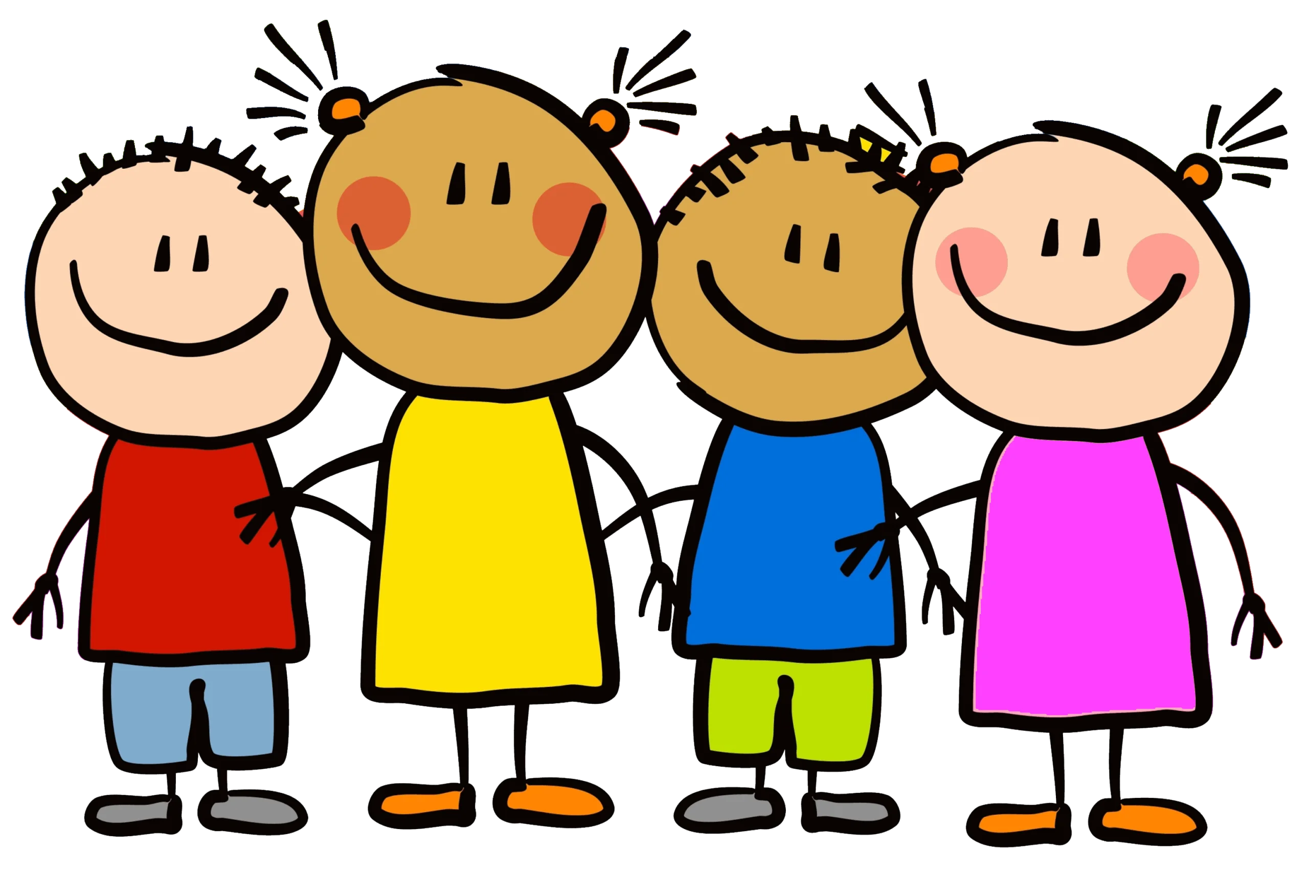 Cheerful Friendship Clipart: Diverse Stick Figure Children Standing Together