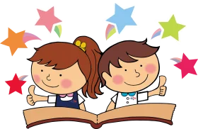 Cheerful Preschool Clipart of Two Kids Studying Together with Colorful Stars