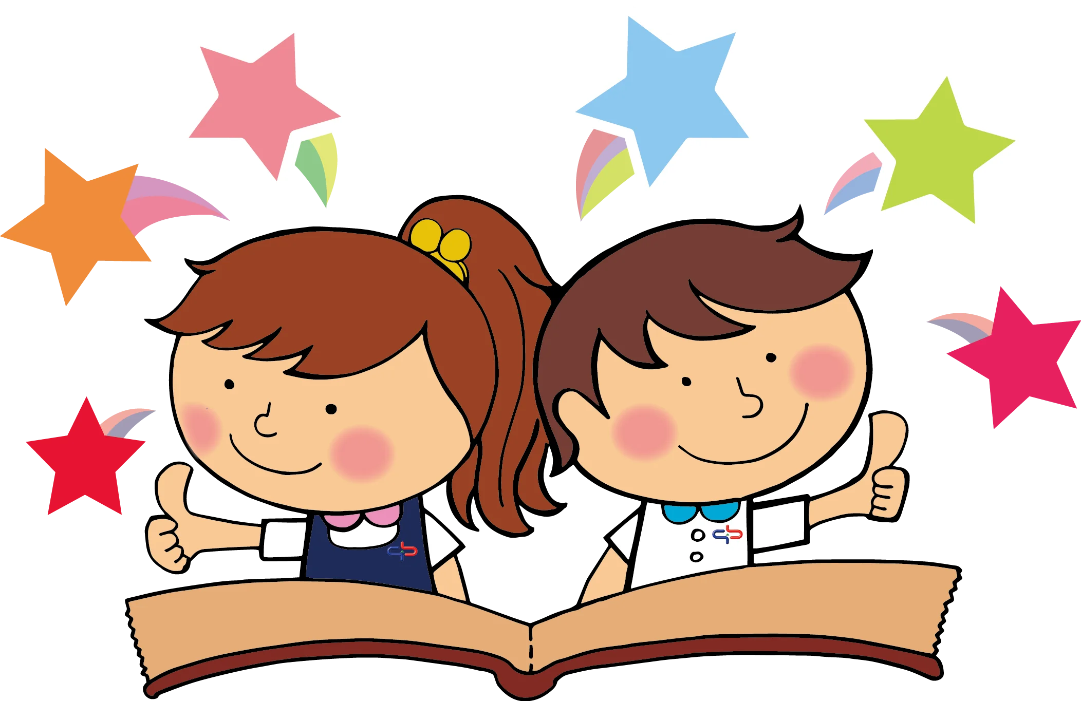 Cheerful Preschool Clipart of Two Kids Studying Together with Colorful Stars