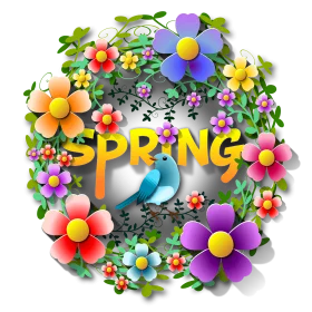 Cheerful Springtime Celebration Clipart with Colorful Blossoming Flowers and Blue Bird