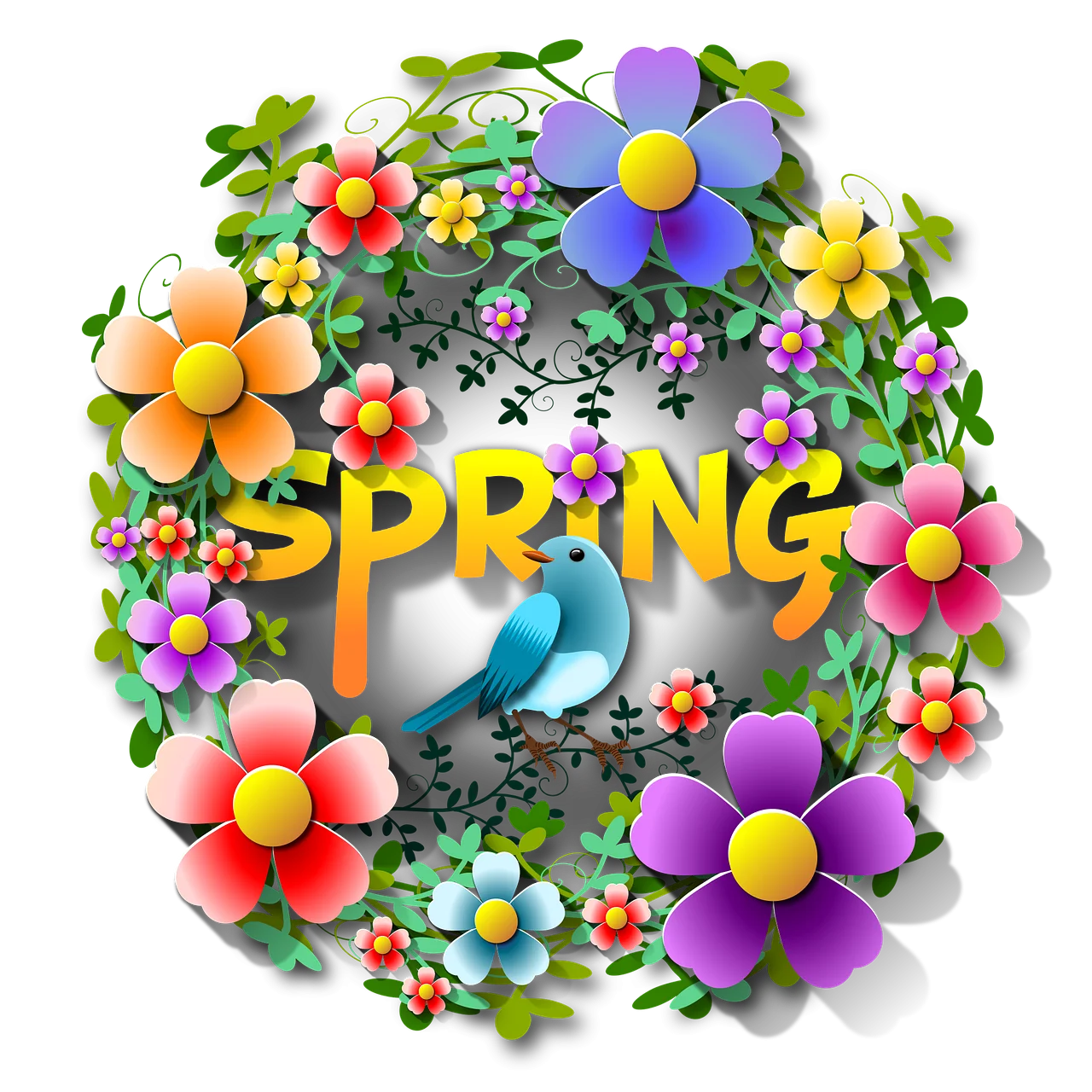 Cheerful Springtime Celebration Clipart with Colorful Blossoming Flowers and Blue Bird