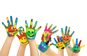 Colorful Painted Hands Raised in Joy - Playful Preschool Clipart Celebration