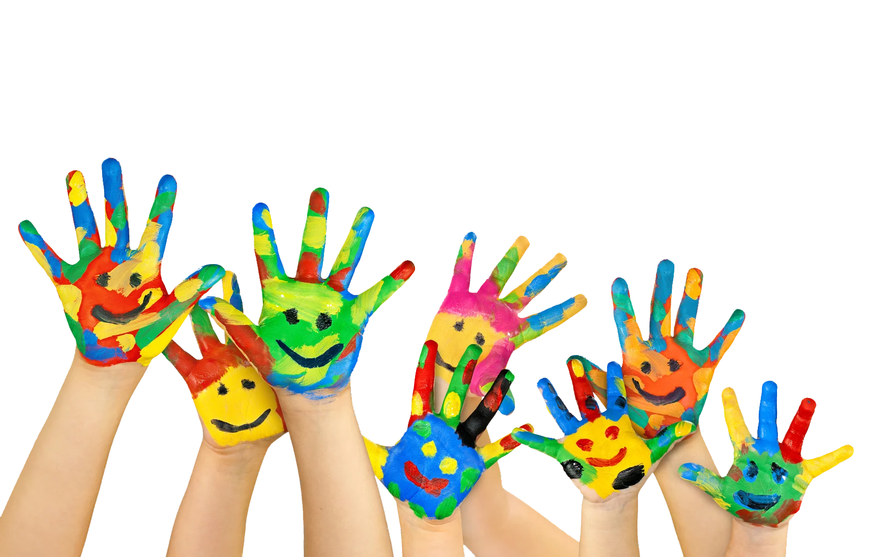 Colorful Painted Hands Raised in Joy - Playful Preschool Clipart Celebration