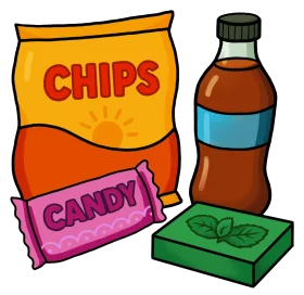 Delightful Snack Time Clipart: Chips, Candy, Soda, and Gum Illustration