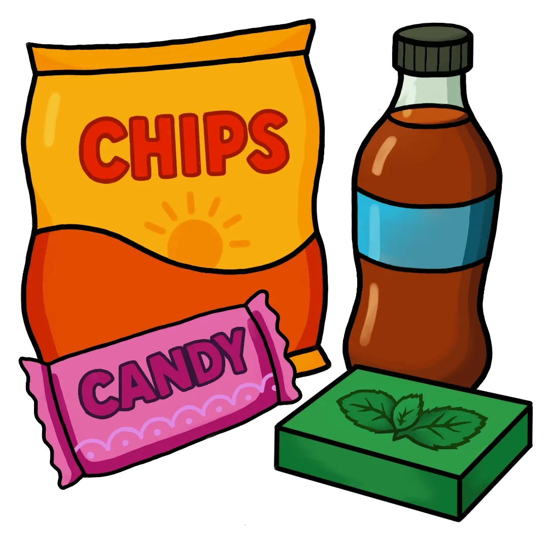 Delightful Snack Time Clipart: Chips, Candy, Soda, and Gum Illustration