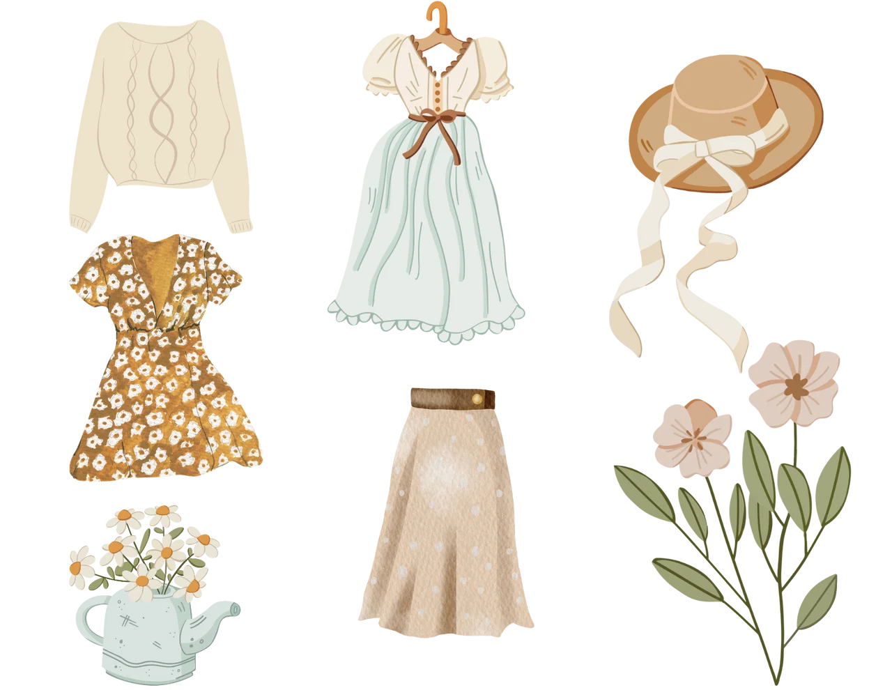 Elegant Spring Wardrobe and Botanical Soft Pastel Aesthetic Clipart Collection