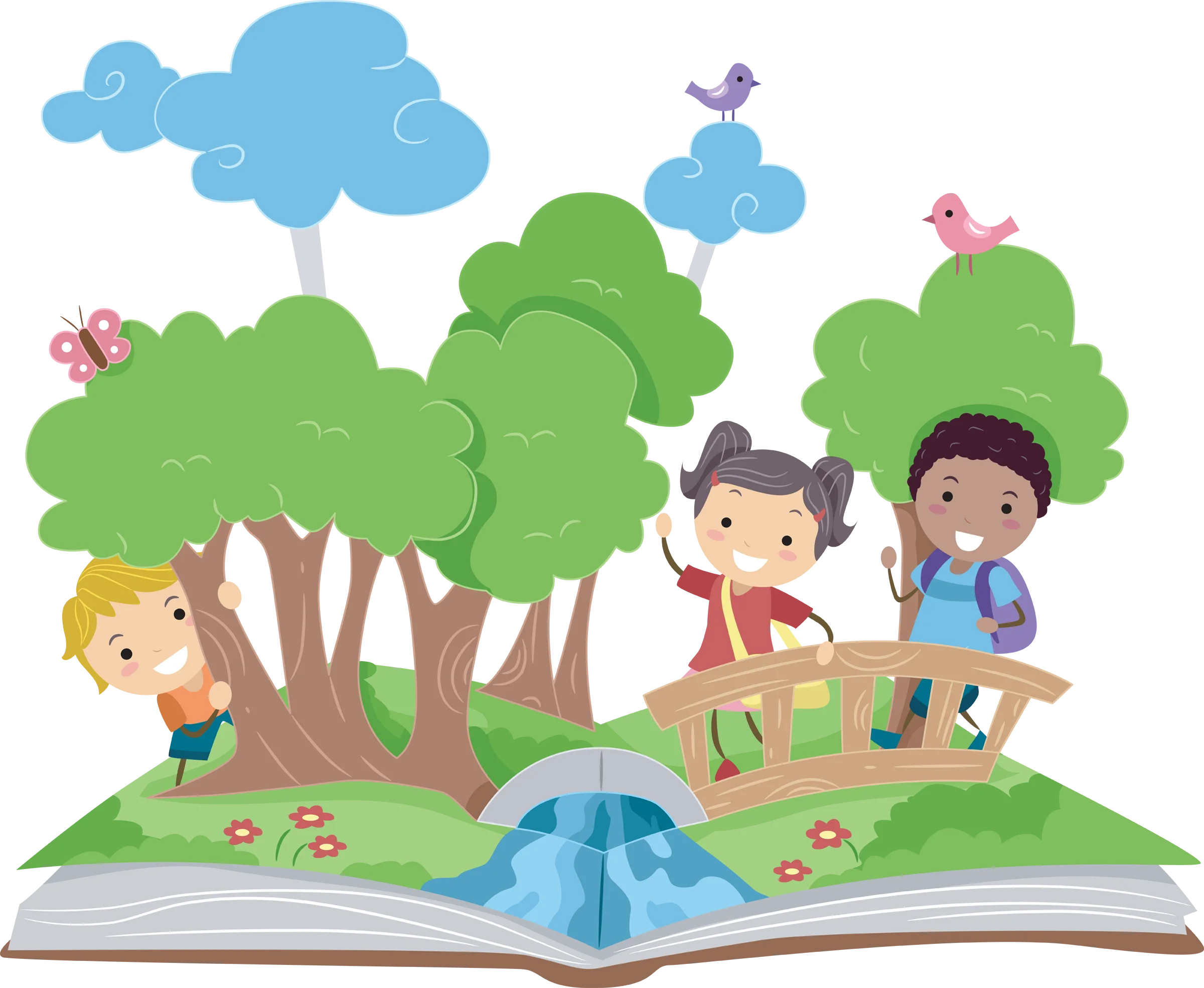 Enchanting Springtime Adventure Clipart with Children Exploring Nature's Storybook