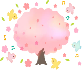 Enchanting Springtime Cherry Blossom Clipart with Whimsical Musical Birds