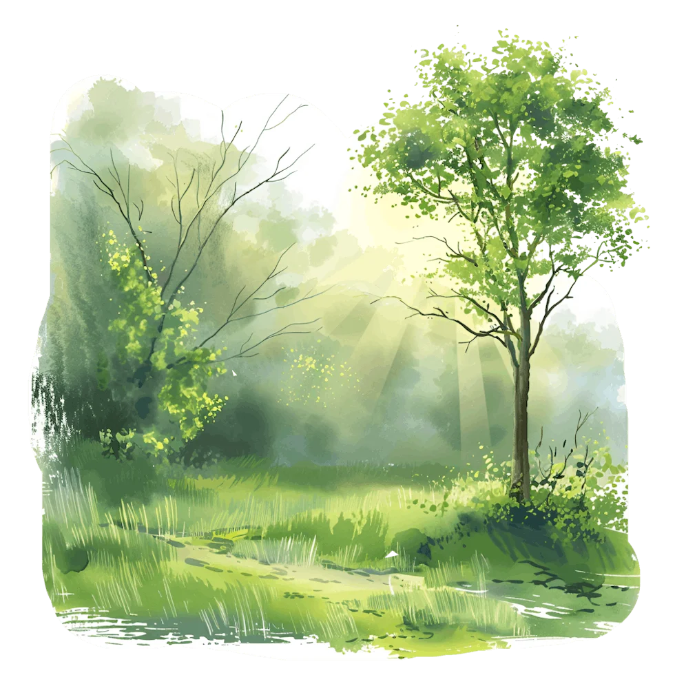 Ethereal Spring Morning Woodland Landscape Watercolor Clipart Scene