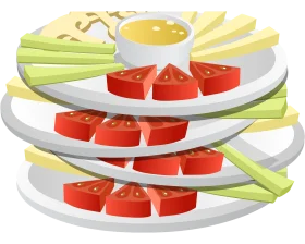 Fresh Veggie Platter Clipart: Crisp Tomatoes, Celery, and Dipping Sauce Arrangement