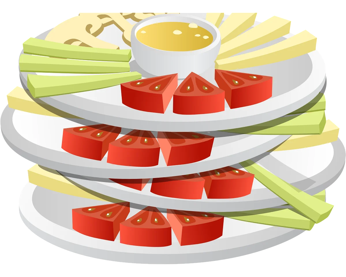 Fresh Veggie Platter Clipart: Crisp Tomatoes, Celery, and Dipping Sauce Arrangement