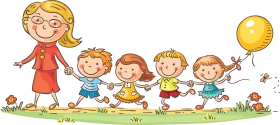 Happy Preschool Children Walking Together Cheerful Cartoon Clipart Scene