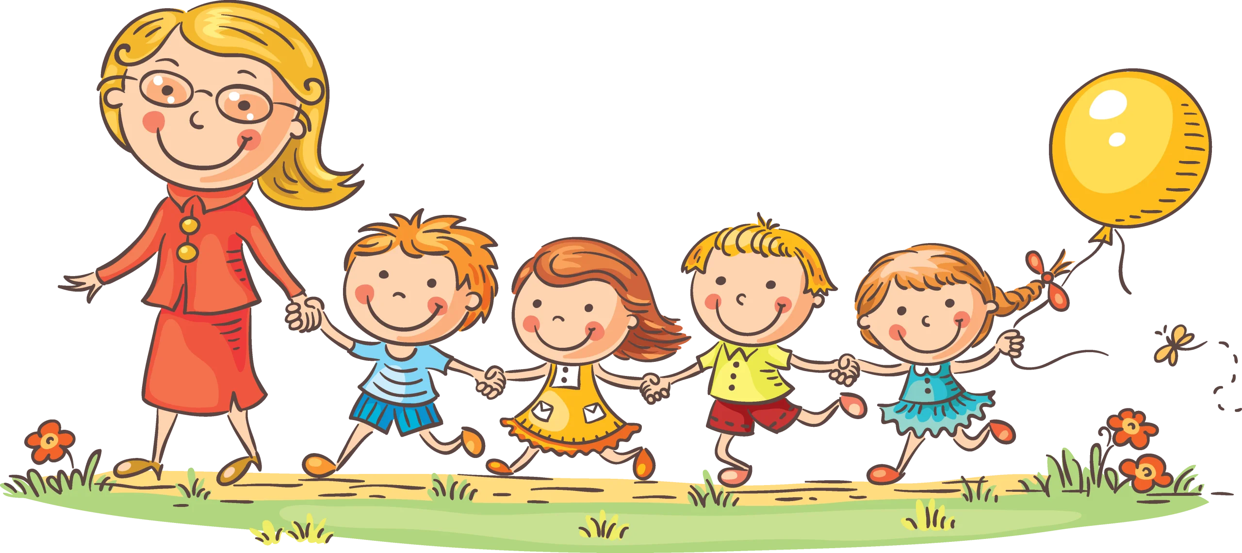 Happy Preschool Children Walking Together Cheerful Cartoon Clipart Scene