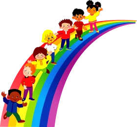 Joyful Children Sliding Down a Colorful Rainbow Preschool Clipart Illustration