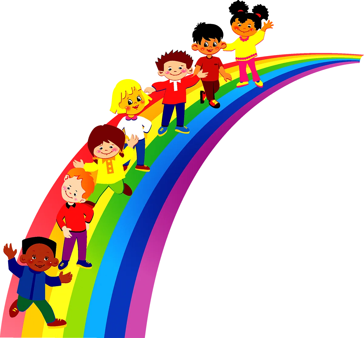 Joyful Children Sliding Down a Colorful Rainbow Preschool Clipart Illustration