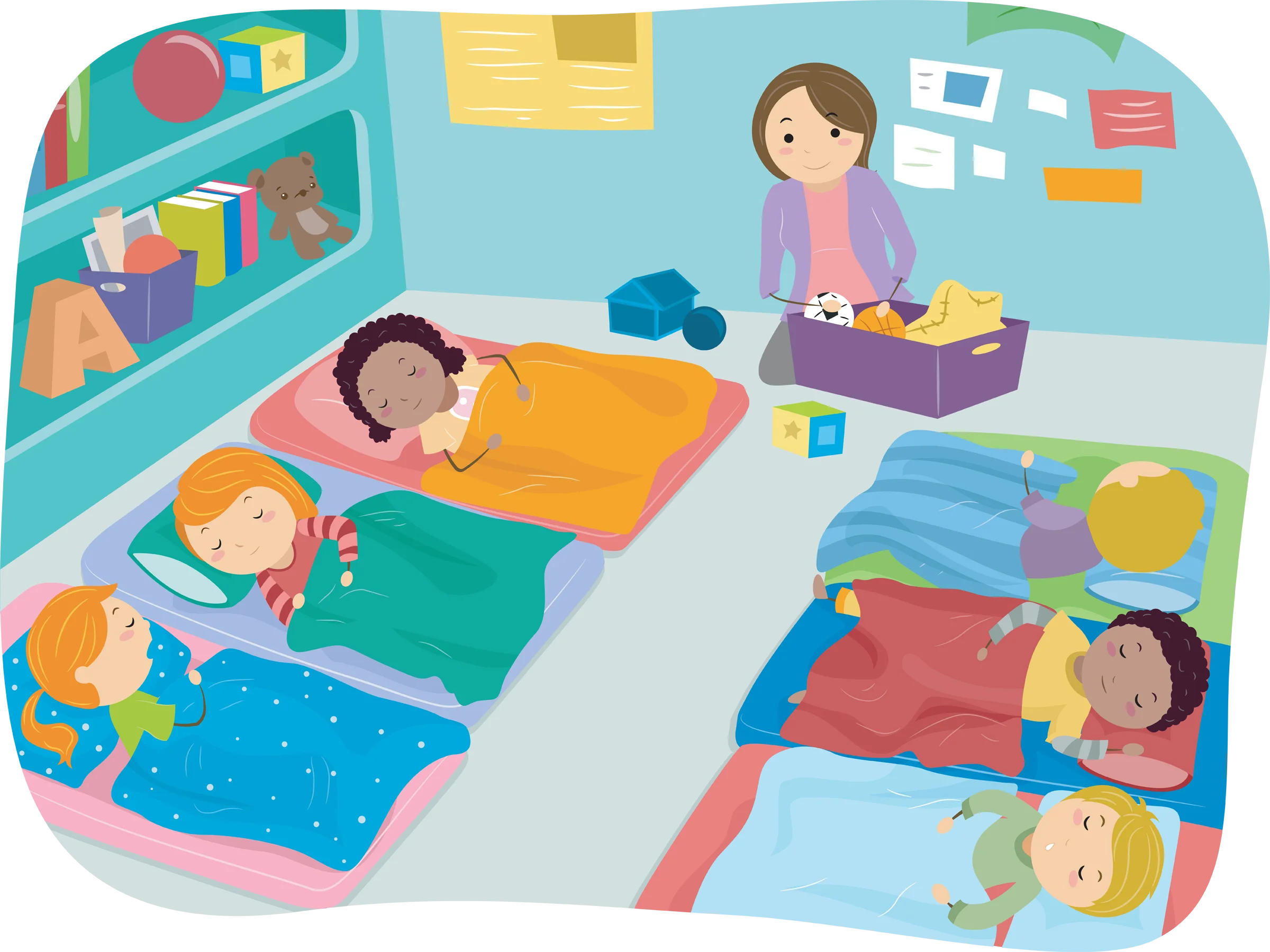 Peaceful Naptime Scene in a Colorful Preschool Classroom Clipart Illustration