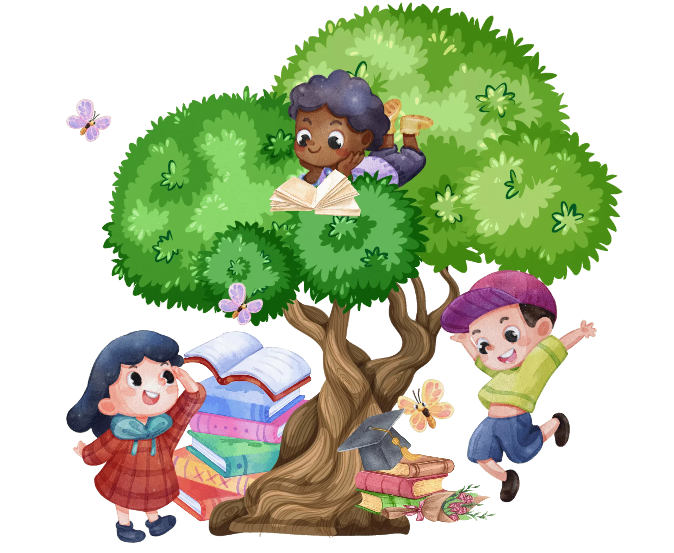 Playful Children Exploring Nature's Treehouse Adventure Clipart Illustration