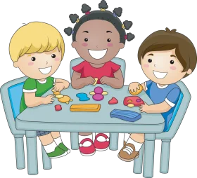 Playful Preschool Learning: Children Enjoying Creative Art and Craft Clipart Scene