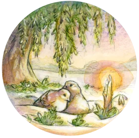Serene Springtime Clipart with Loving Ducks Nestled Beneath Willow Branches