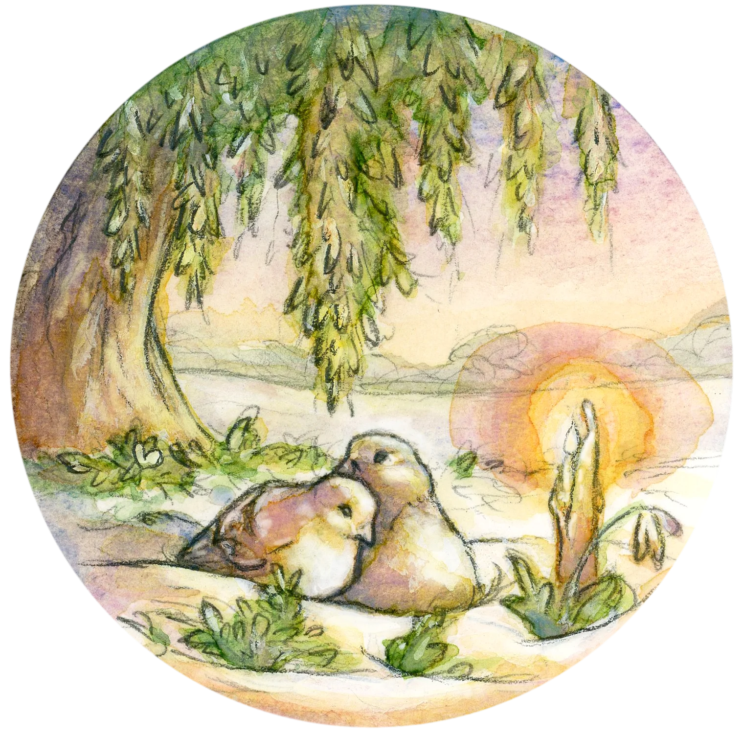 Serene Springtime Clipart with Loving Ducks Nestled Beneath Willow Branches