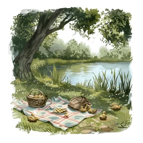 Serene Springtime Lakeside Picnic Clipart: Tranquil Nature's Gentle Embrace
