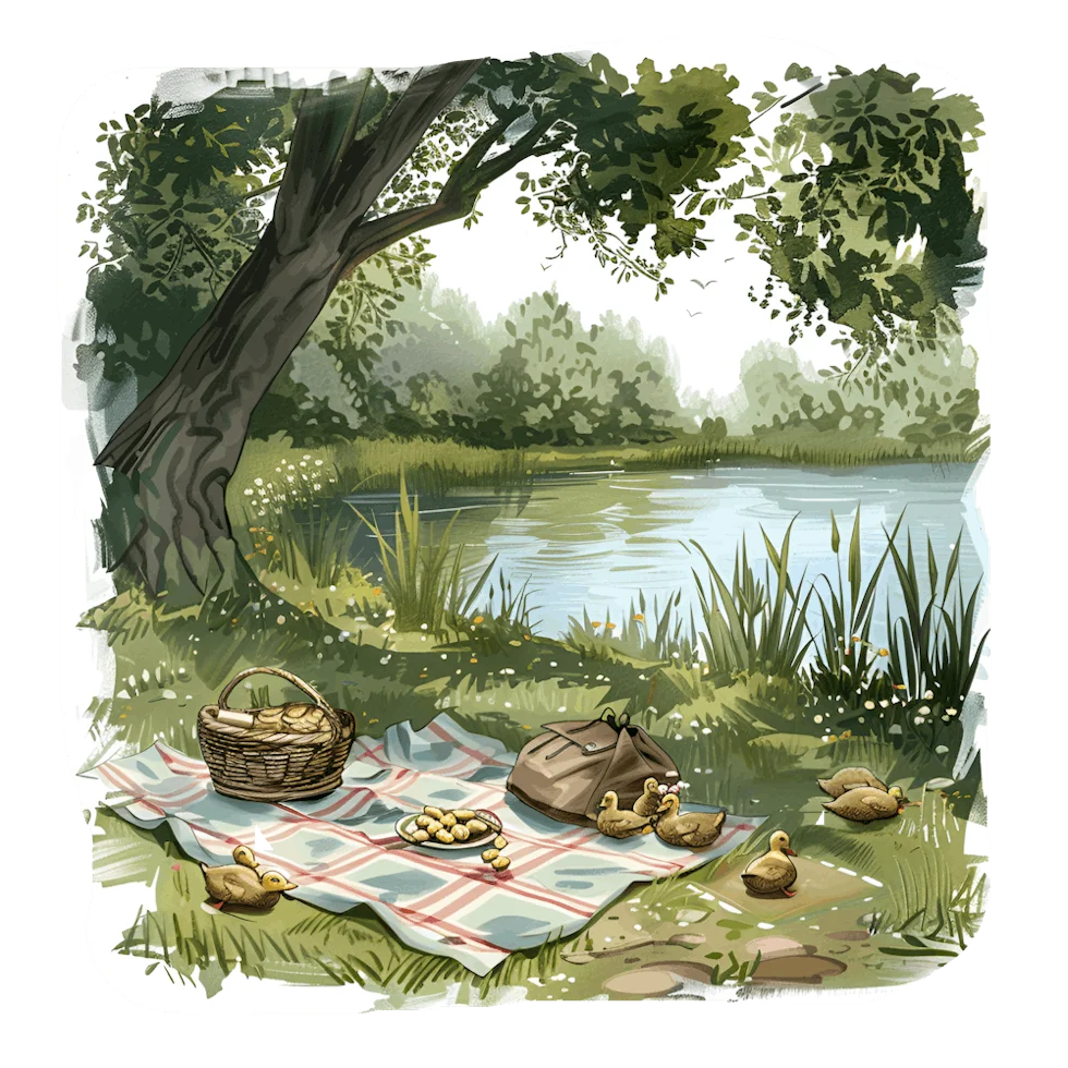 Serene Springtime Lakeside Picnic Clipart: Tranquil Nature's Gentle Embrace