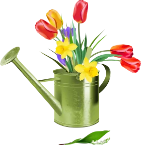 Spring Blossoms in Green Watering Can: A Cheerful Gardening Clipart Composition