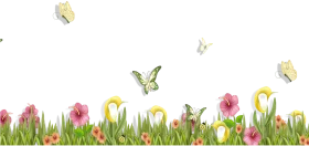 Whimsical Spring Garden Meadow with Butterflies and Blooming Flowers Clipart Illustration