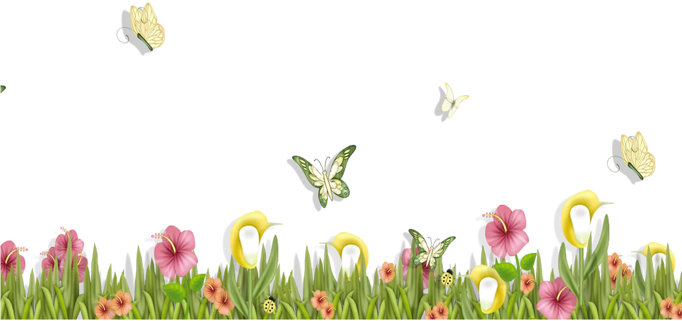 Whimsical Spring Garden Meadow with Butterflies and Blooming Flowers Clipart Illustration