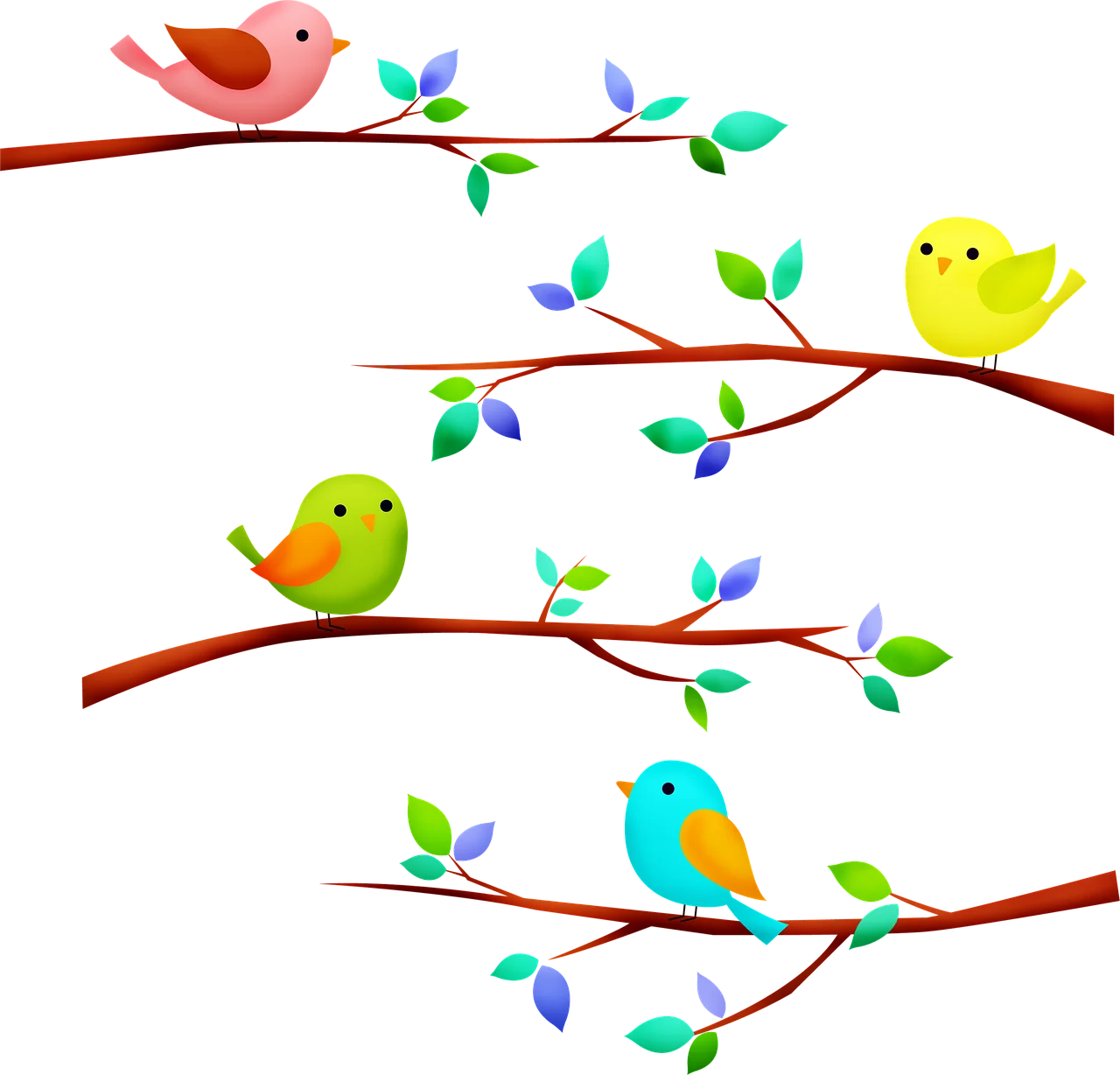 Whimsical Springtime Branches with Adorable Chirping Birds Clipart Illustration