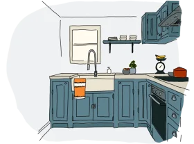 Charming Blue Kitchen Interior Illustration Clipart Sketch Design