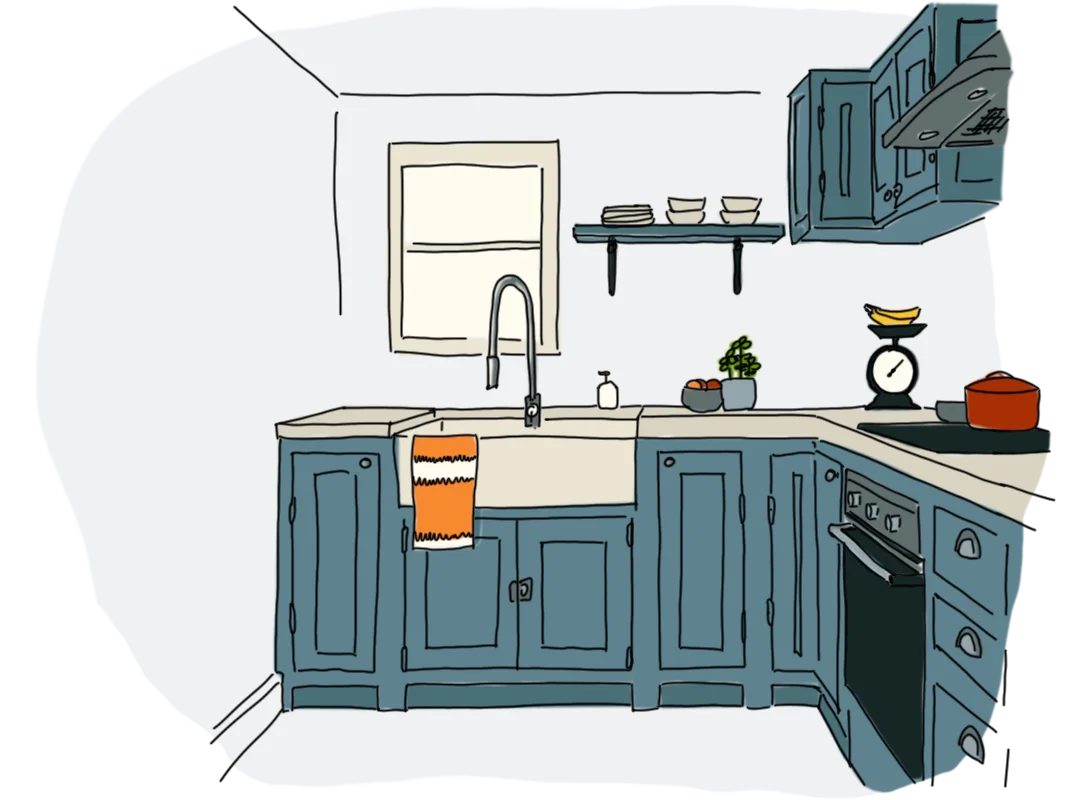 Charming Blue Kitchen Interior Illustration Clipart Sketch Design
