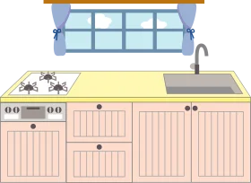 Charming Pastel Kitchen Clipart with Soft Pink Cabinetry and Blue Curtained Window