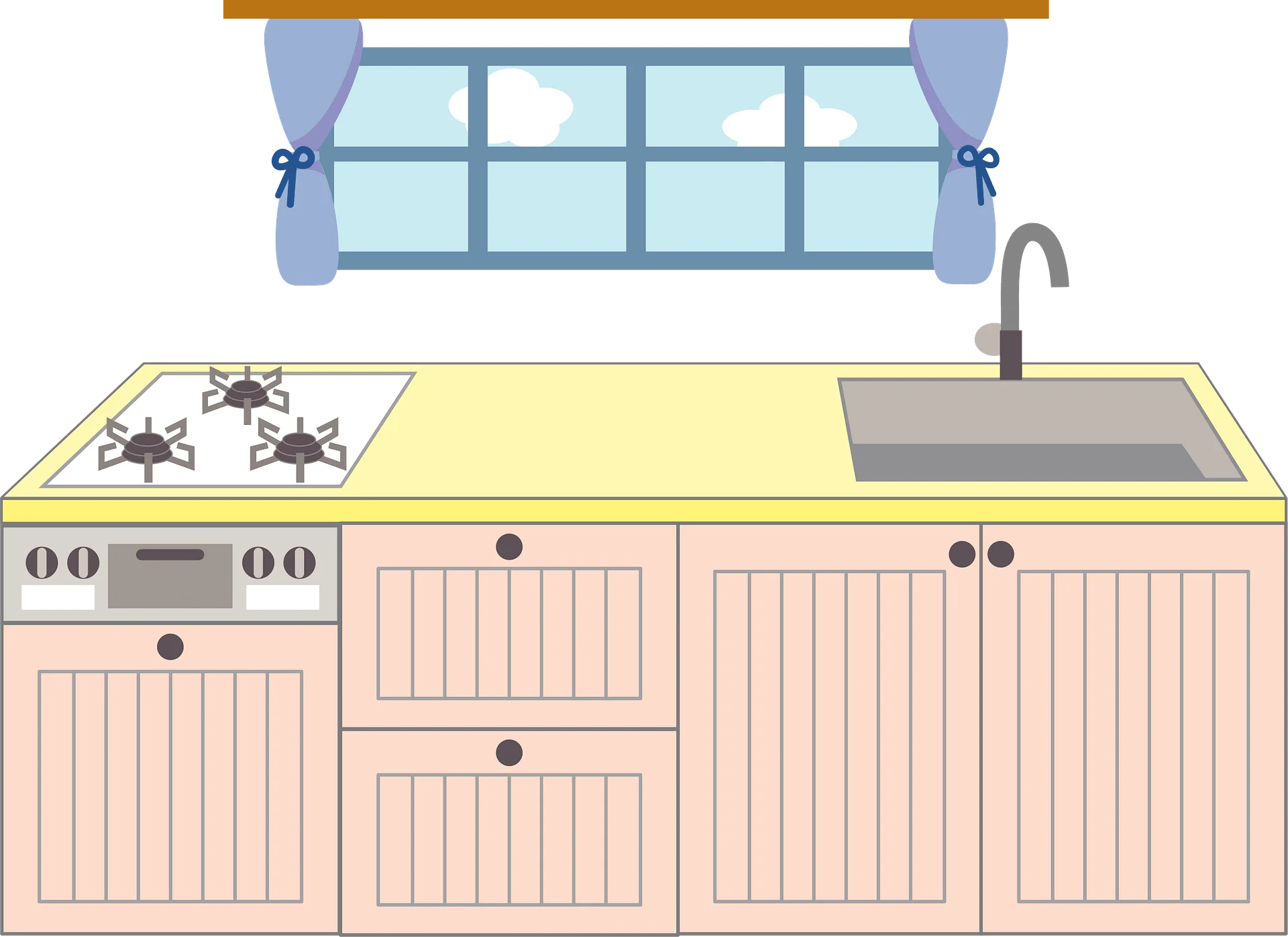 Charming Pastel Kitchen Clipart with Soft Pink Cabinetry and Blue Curtained Window