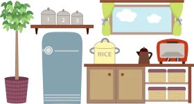 Charming Retro Kitchen Clipart Illustration with Vintage Appliances and Decor