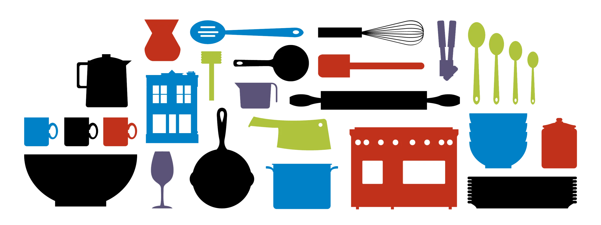 Essential Kitchen Utensils and Cookware Stylized Graphic Clipart Collection