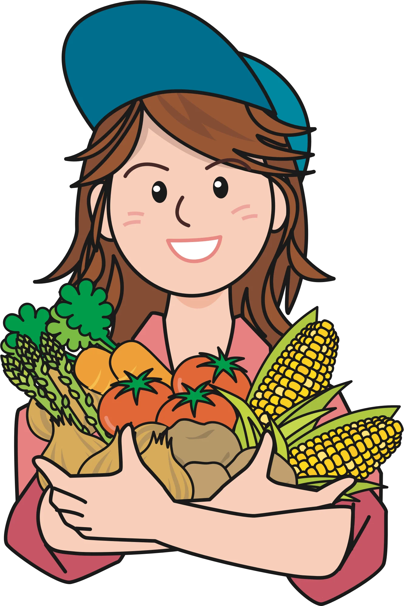 Fresh Farm Harvest Bounty Clipart: Smiling Woman with Colorful Produce
