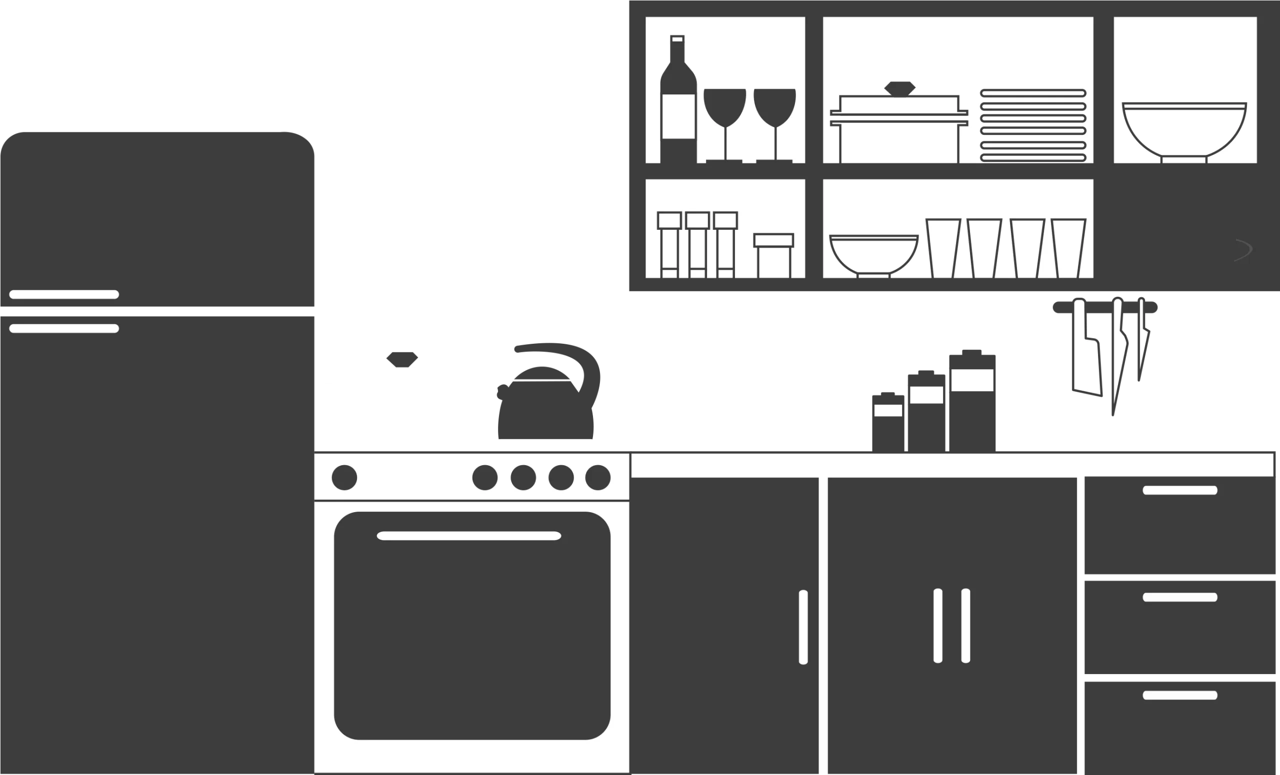 Minimalist Black and White Kitchen Appliances and Furniture Clipart Design
