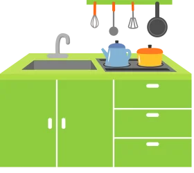 Modern Green Kitchen Interior with Cooking Utensils Cartoon Clipart Illustration