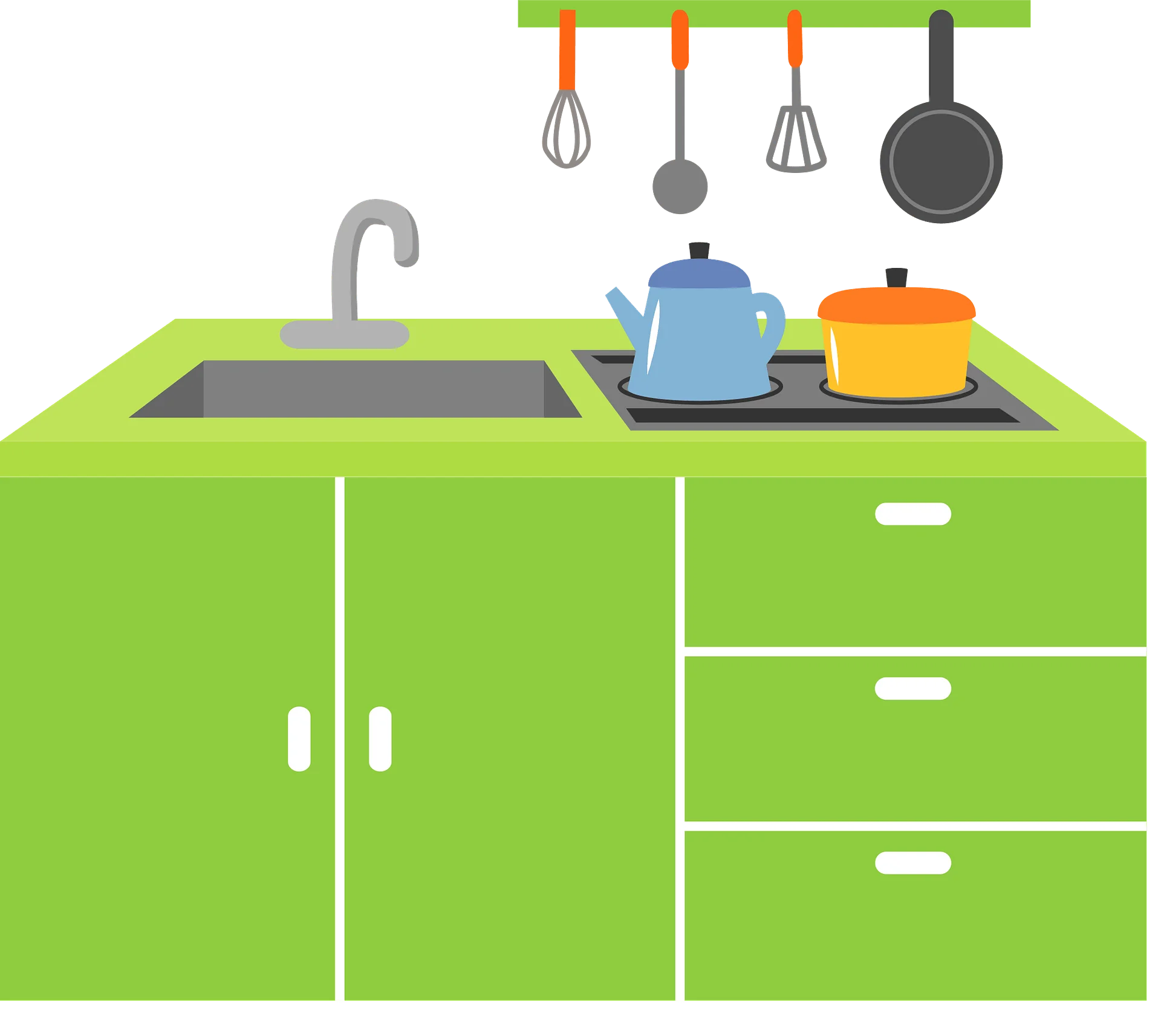 Modern Green Kitchen Interior with Cooking Utensils Cartoon Clipart Illustration