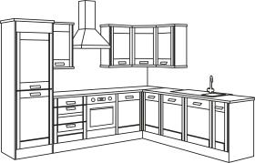 Modern L-Shaped Kitchen Layout Design Architectural Clipart Illustration