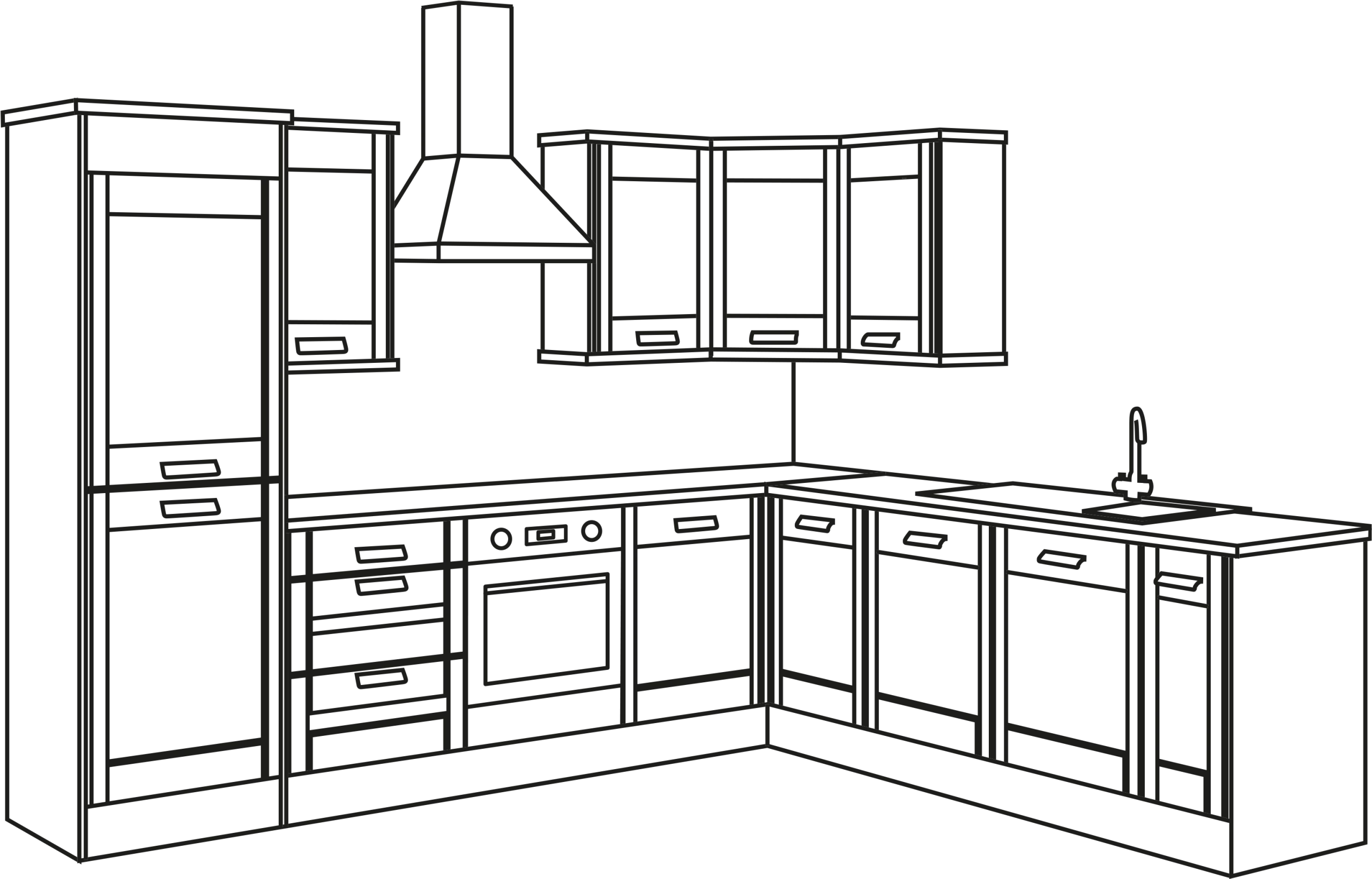 Modern L-Shaped Kitchen Layout Design Architectural Clipart Illustration